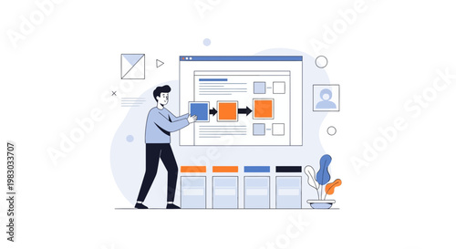 Man arranging flowchart blocks on a digital display, business process visualization