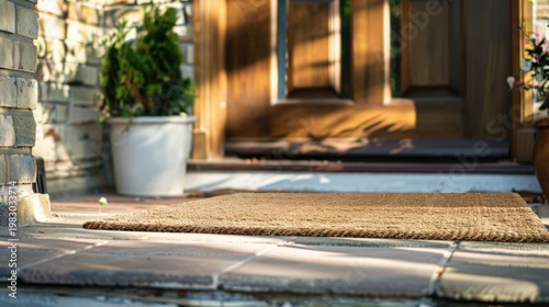 A close-up view of a welcome mat on a porch. The mat is made of natural fibers and is placed in front of a wooden door. A potted plant is visible nearby.