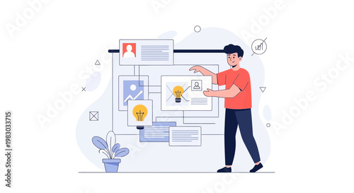 Man arranging project cards with ideas and user profiles on a board