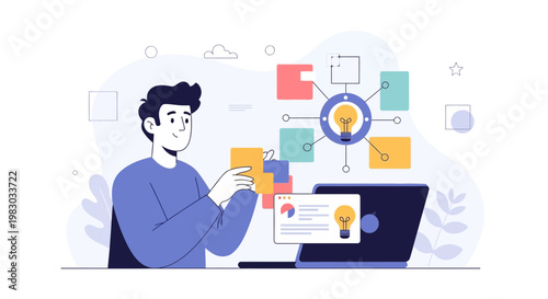 Man assembling puzzle pieces near laptop, symbolizing problem solving and idea generation