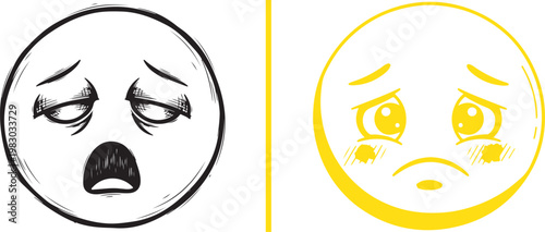 Exhausted and sad emoji faces vector illustration showing contrast between burnout and pleading emotions