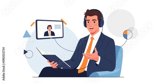 Man in headphones with book and video call on screen, online learning concept