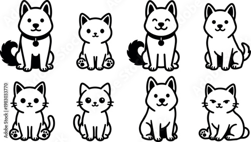 Black and white line art sitting dogs and cats set with happy and neutral expressions