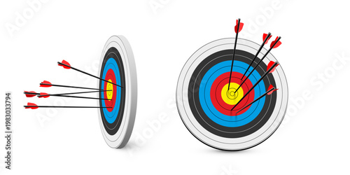 Archery target arrows set. Archery target with concentric color rings on white background, multiple arrows embedded, side and front views. Minimal realistic vector illustration.