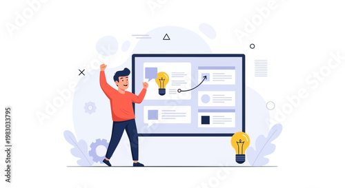 Man Celebrating Success with Idea Lightbulbs and Strategy Board