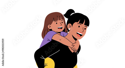 A mother carrying her daughter on her back, a joyous moment between family members