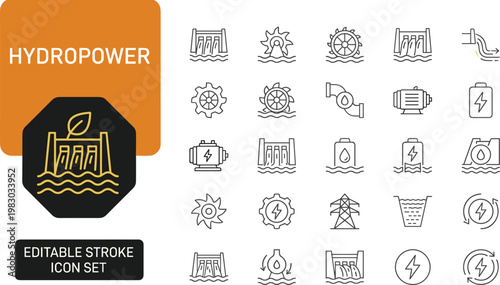 Hydropower renewable energy icon set, flat design vector illustration with water and power symbols