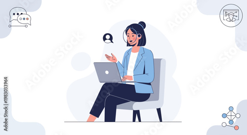 Customer service agent with headset and laptop, online support, communication concept