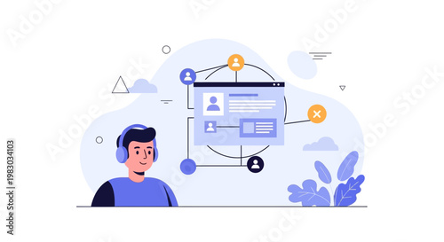 Customer support agent with headphones connected to a network of user profiles and data