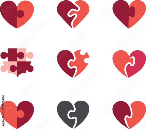 Puzzle Heart Icons Set Representing Love, Connection and Relationship – Modern Vector Collection