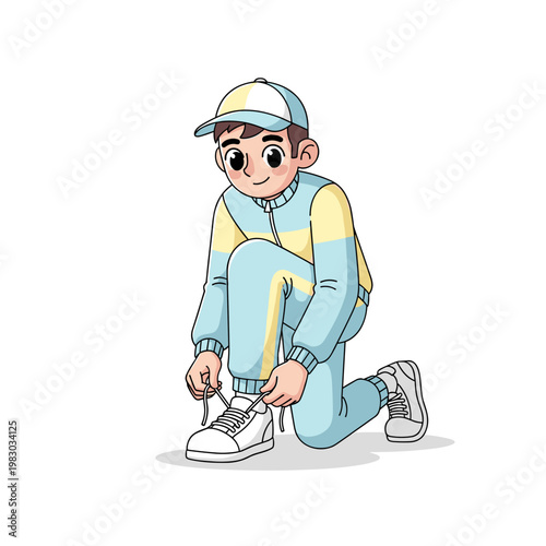 Young athlete tying shoelaces while wearing sporty outfit in studio  