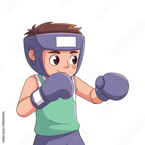 Young boy boxing with gloves and headgear in a dynamic pose  