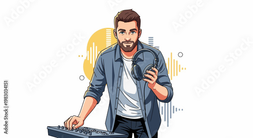DJ with Headphones and Mixer, Electronic Music Production, Sound Waves