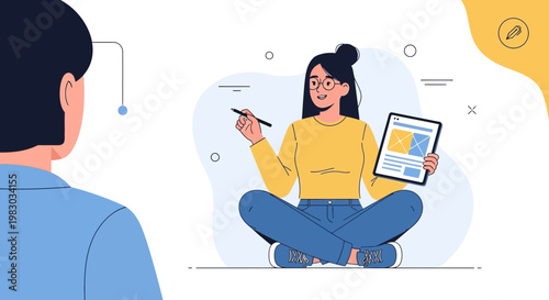 Designer presenting website mockup on tablet to client, illustration