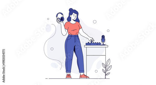 DJ woman with headphones and mixing console, podcasting and music production concept