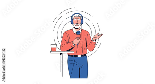 Elderly man with headphones speaking into microphone, broadcasting, podcasting, radio host