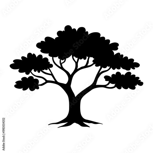 Oak silhouette towering over grass, broad canopy and thick trunk with sprawling roots, high contrast black shape conveys calm stability and parkland serenity