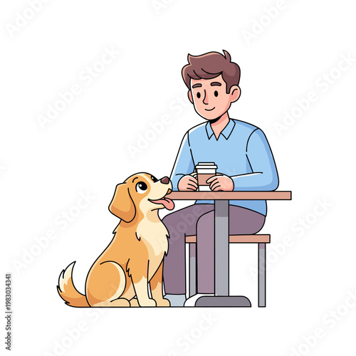 Young man sitting at table with dog in coffee shop  