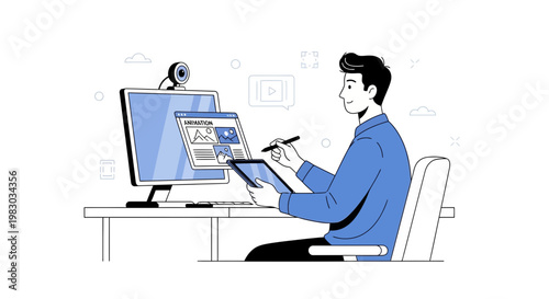 Graphic designer working on web design with tablet and computer, modern illustration