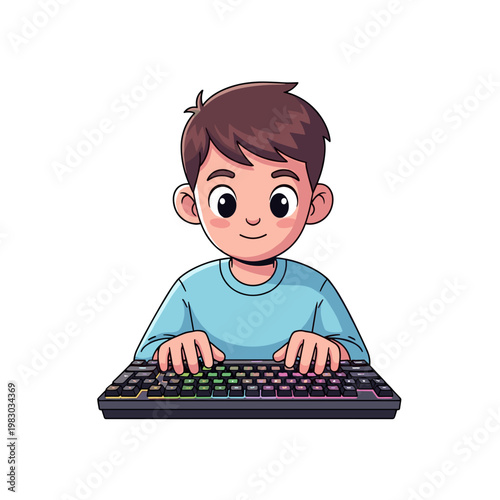 Young man playing on colorful gaming keyboard with enthusiasm  