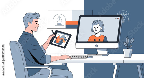 Graphic Designer Working Remotely with Video Call and Digital Tablet