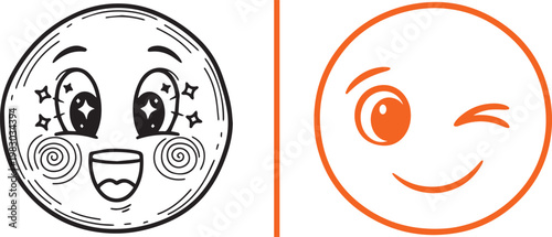 Set of two vector emoji illustrations featuring an excited starry character and a minimalist winking smiley face for social media and UI design