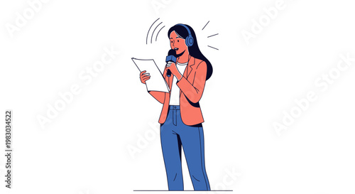 Journalist with Microphone and Headphones Reporting News, Holding Paper