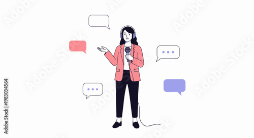 Journalist with Microphone and Speech Bubbles, Reporting News, Communication Concept