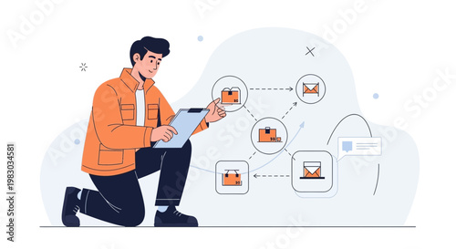 Logistics manager checking delivery process flowchart with packages and emails