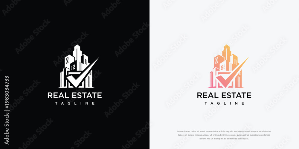 Fototapeta premium Modern Real Estate Logo with Cityscape and Checkmark