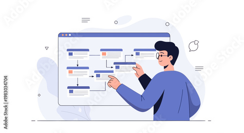 Man analyzing flowchart on computer screen, business process visualization, workflow management