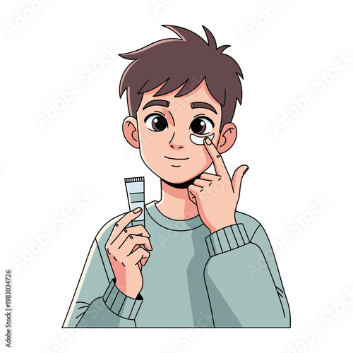 Adolescent  applying eye cream with tube in hand and smiling  