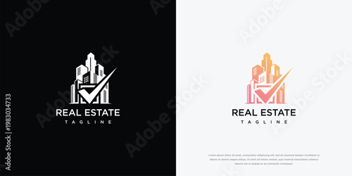 Modern Real Estate Logo with Cityscape and Checkmark