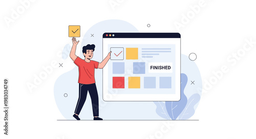 Man checks off task on digital board, task completion, project management concept