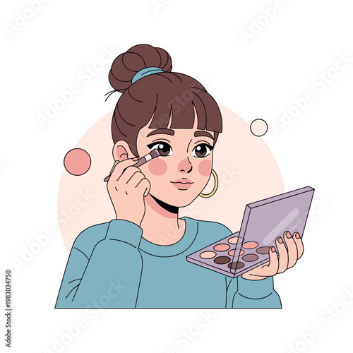 Adolescent  applying makeup with eye shadow palette at home  