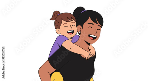 Joyful mother carrying her child on her back, both smiling