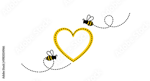 Cute bumble bees flying around a yellow heart shape
