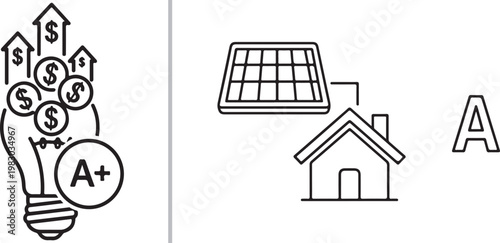 Energy efficiency and solar power icons set with light bulb dollar signs and house solar panel vector illustration