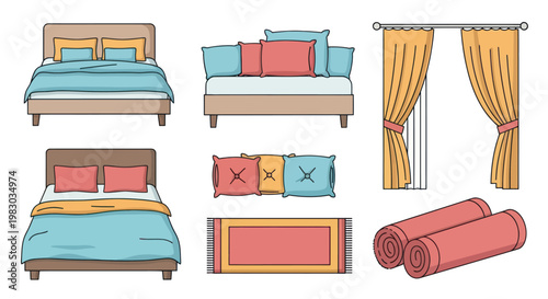 Vector illustration set of bedroom furniture and home textile icons