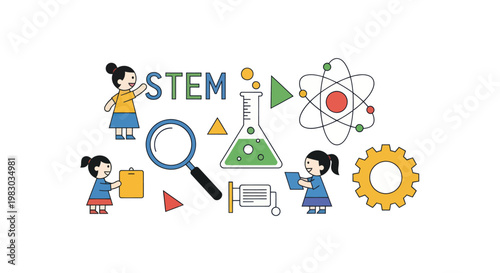 Illustration of children learning through STEM education with icons.