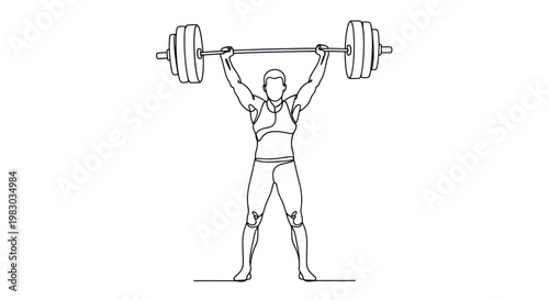 Continuous line drawing of a weightlifter lifting a heavy barbell overhead.