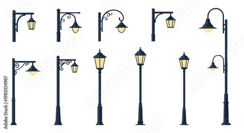 Collection of vintage street lamps and urban outdoor lanterns isolated on white background