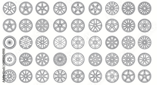 Collection of car wheel rim icons and alloy wheel designs in outline style