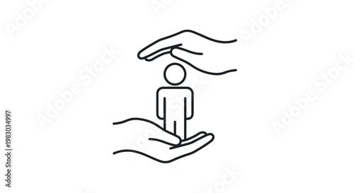 Minimalist line art icon of hands protecting a person figure