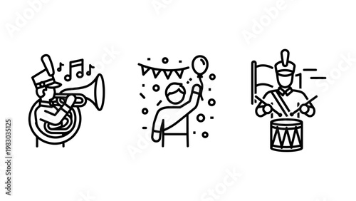 Marching band performance and celebration event icons with marching celebration musician performer festival entertainment performance confetti instrument community activity gathering