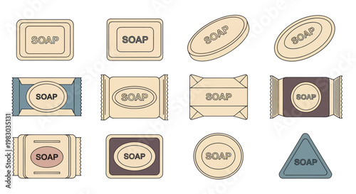 Collection of various soap bars in different shapes and packaging, vector illustration.