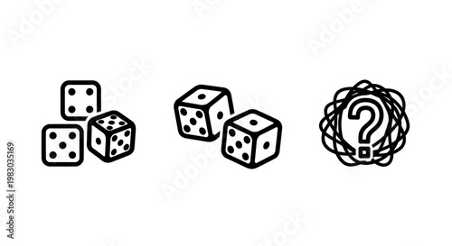 Set of gaming and uncertainty icons featuring six-sided dice and a confused question mark symbol gambling uncertainty question probability decision confusion entertainment recreation strategy