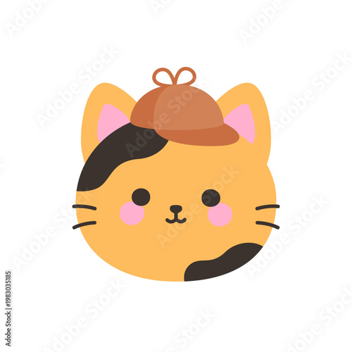 Cute kawaii calico cat face wearing brown detective hat