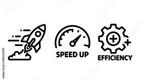 Conceptual icons for speed up and efficiency featuring rocket launch speedometer and gear speedometer efficiency business performance optimization progress marketing improvement productivity