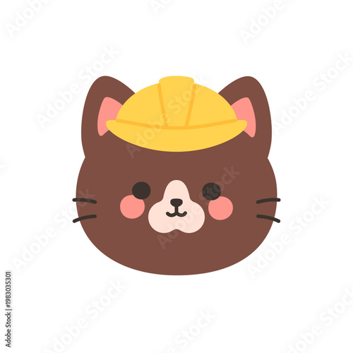 Cute kawaii brown cat face wearing yellow construction hard hat